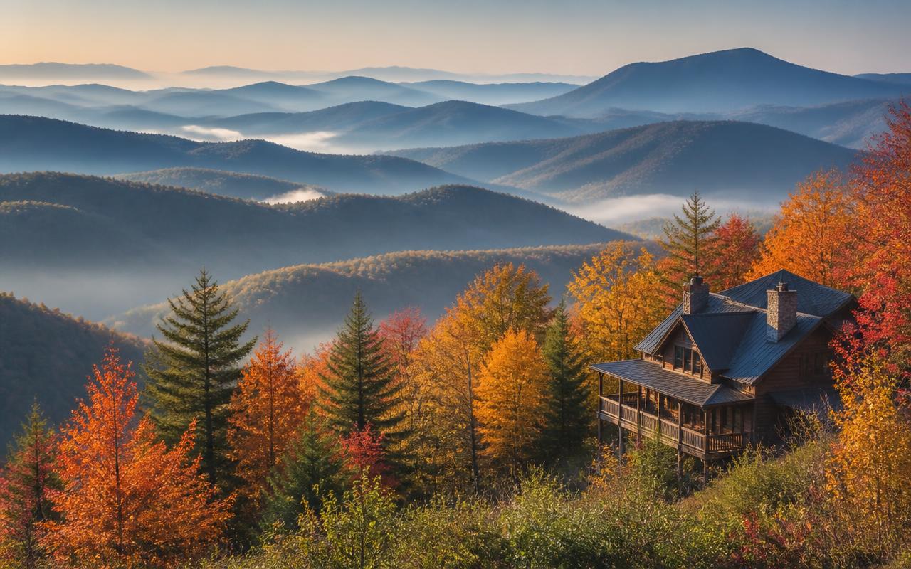 Misty Blue Ridge Mountain ridgelines in autumn with a wooden cabin among fall foliage near Asheville, North Carolina
