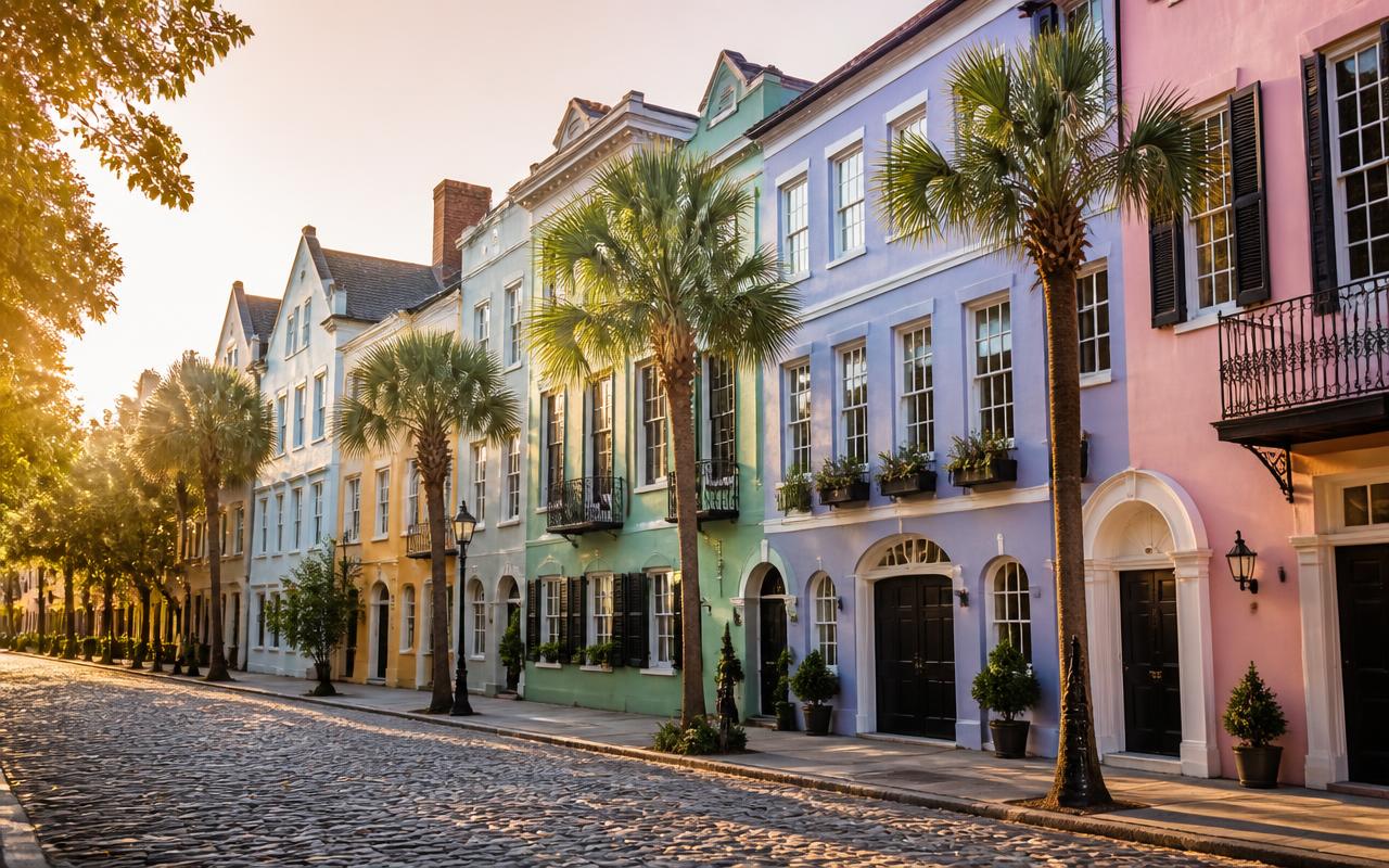 Pastel historic row houses and palmetto trees along a cobblestone street in downtown Charleston, South Carolina